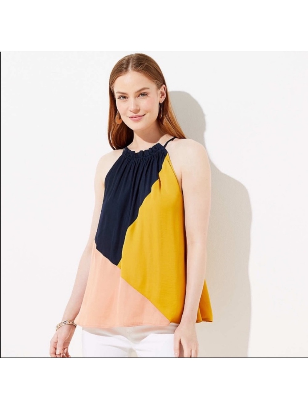 LOFT Colorblock Halter Tank Top - Navy, Mustard & Peach—Sz XL
